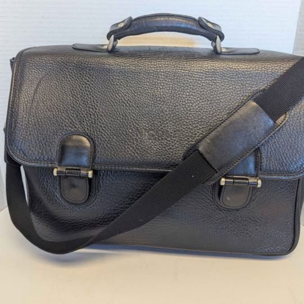 Nicole Miller Pebbled Black Leather Messenger Crossbody Bag Briefcase 15x11x4"